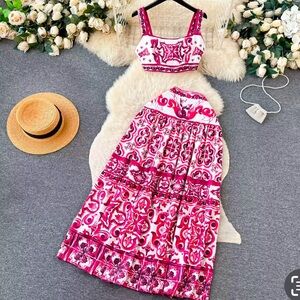 Midi Top and Long Skirt Pink Print Pattern Set